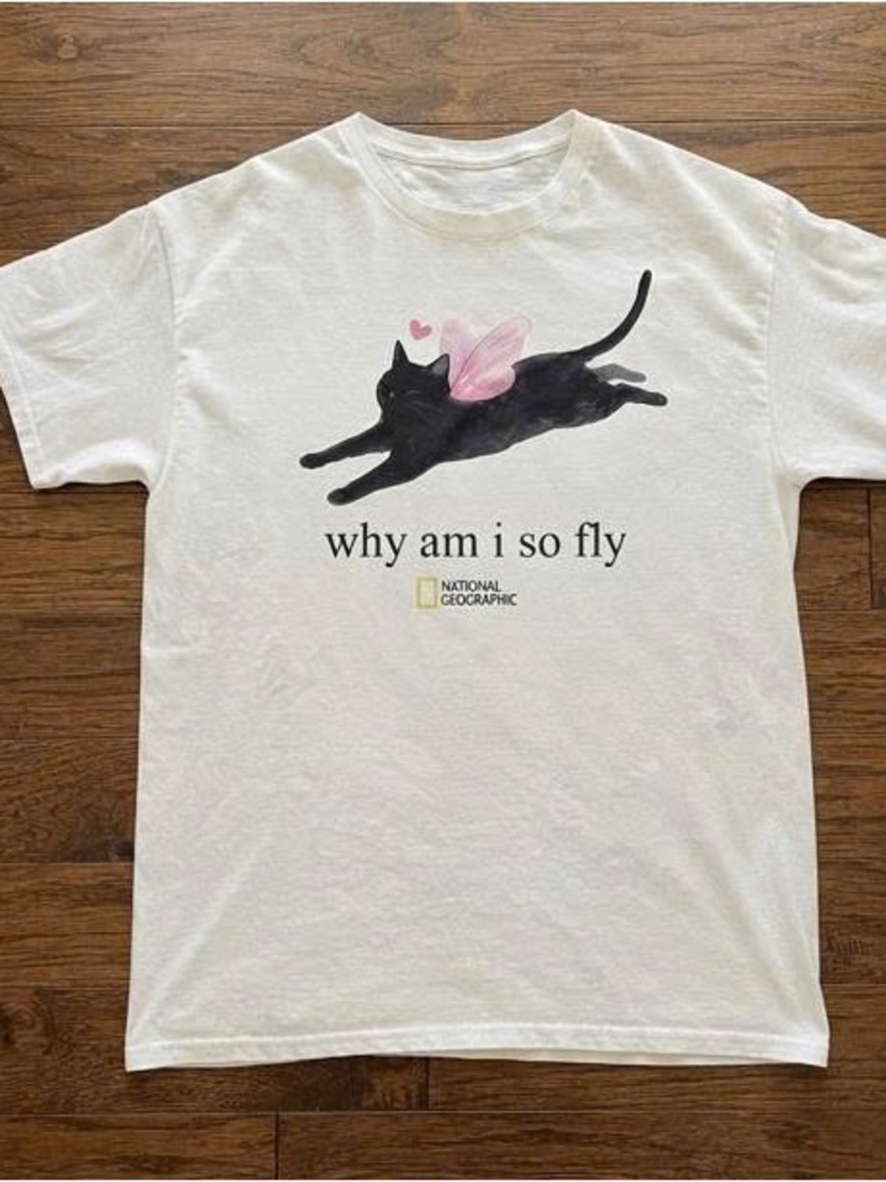 Why I am so fly 🐈 White Tee with Black Cat and Pink Wings Graphic